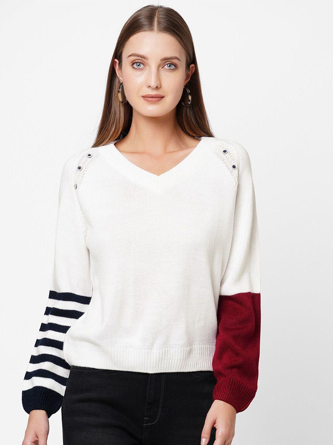 pepe jeans women white & black colourblocked acrylic pullover sweater