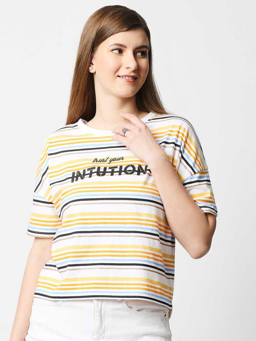 pepe jeans women white & yellow striped drop-shoulder sleeves cotton t-shirt