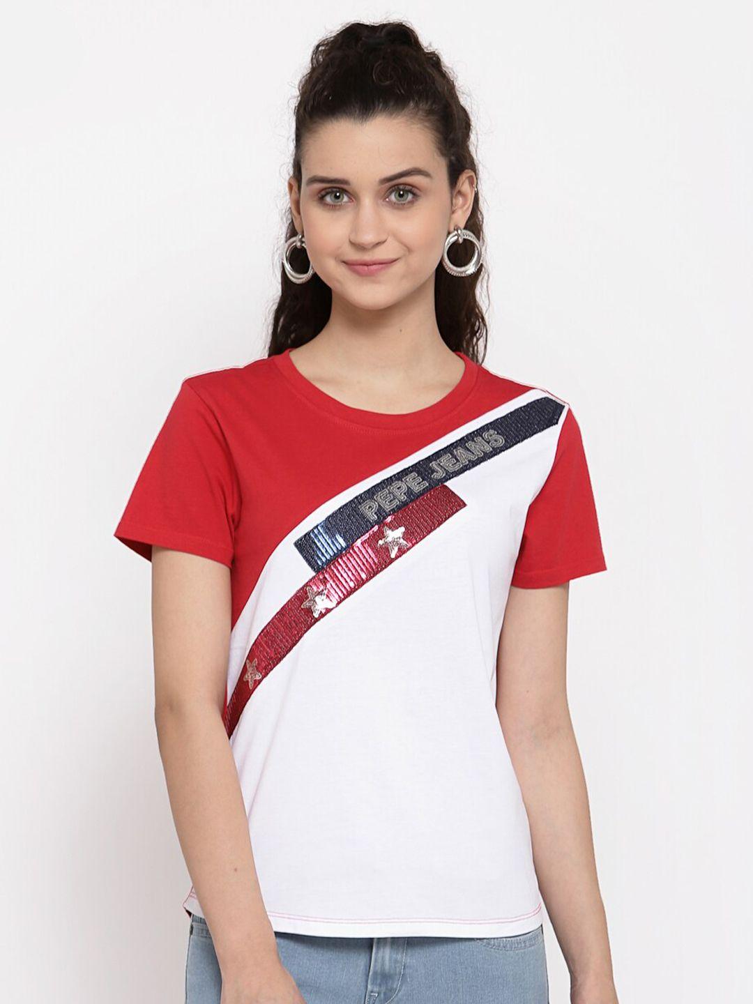 pepe jeans women white colourblocked round neck t-shirt