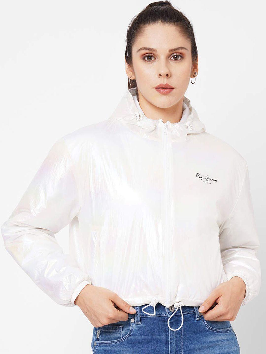 pepe jeans women white solid cropped hooded jacket