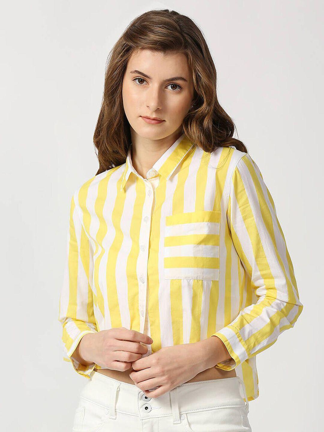 pepe jeans women yellow & white boxy striped crop cotton casual shirt
