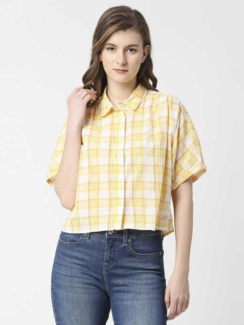 pepe jeans yellow cotton chequered shirt