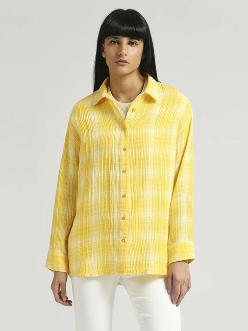 pepe jeans yellow cotton chequered shirt
