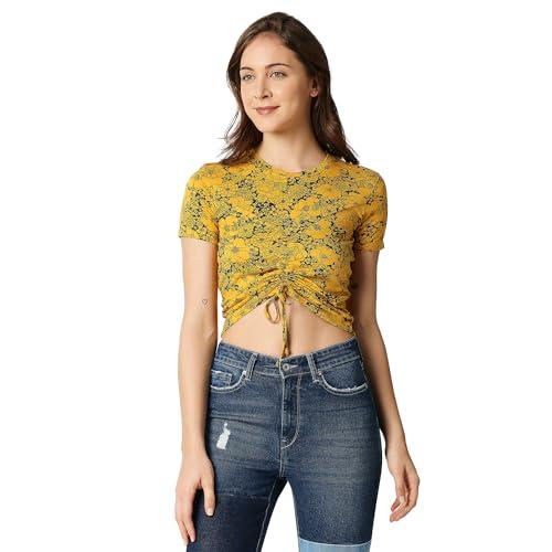 pepe printed viscose crew neck womens t-shirt (ochre, medium)