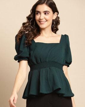 peplum top with puffed sleeves & smocked detail