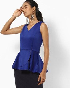 peplum v-neck top with ruffled panel