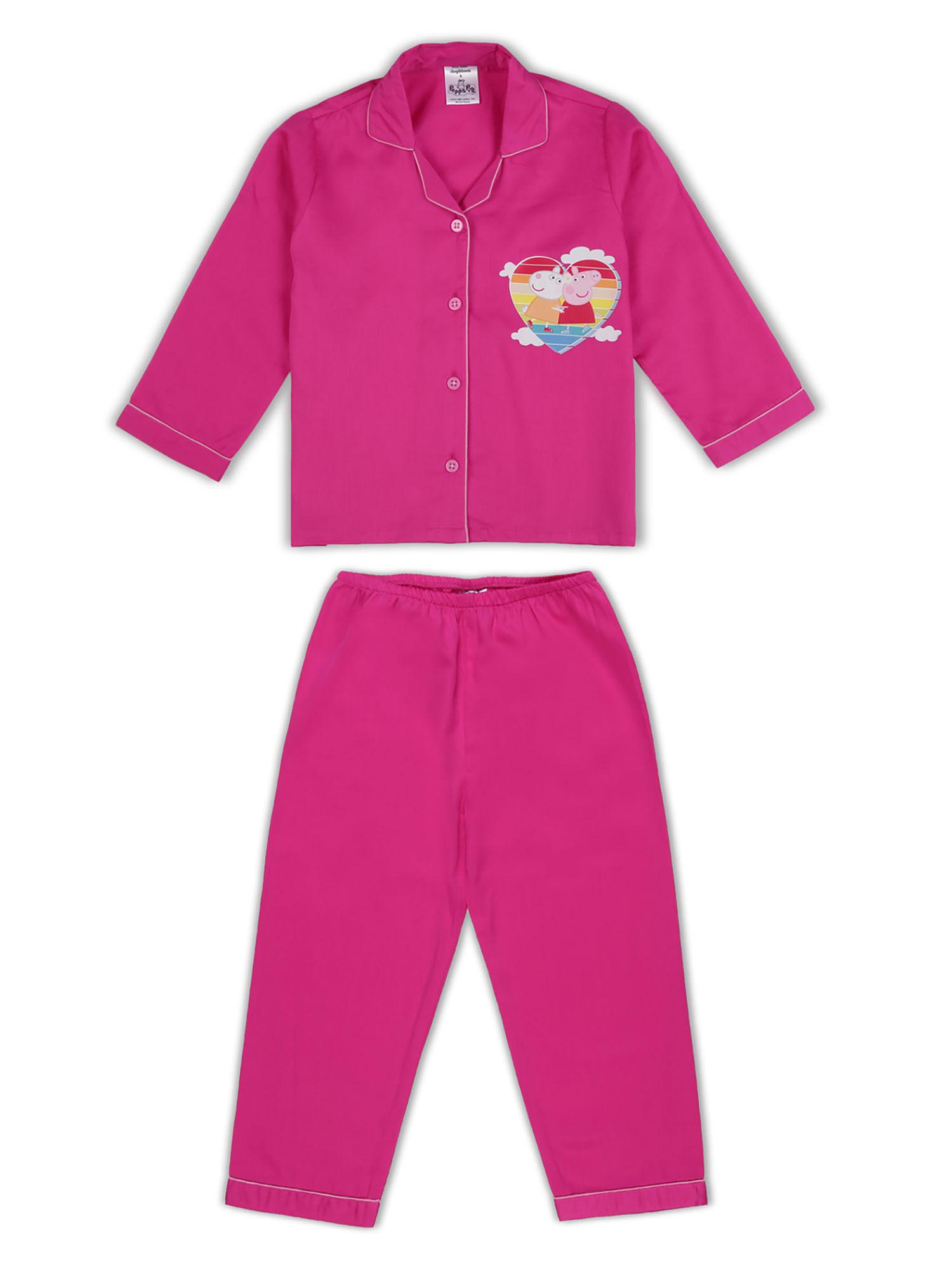 peppa heart pink print long sleeve kids night suit (set of 2)
