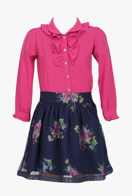 peppermint kids fuchsia & navy solid top with skirt
