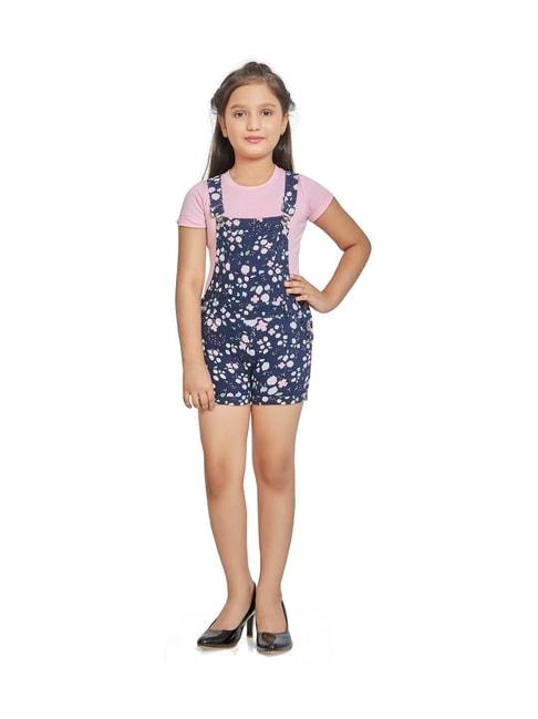 peppermint kids navy & pink floral print dungaree