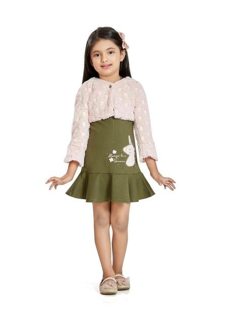 peppermint kids olive & white textured pattern dress with jacket