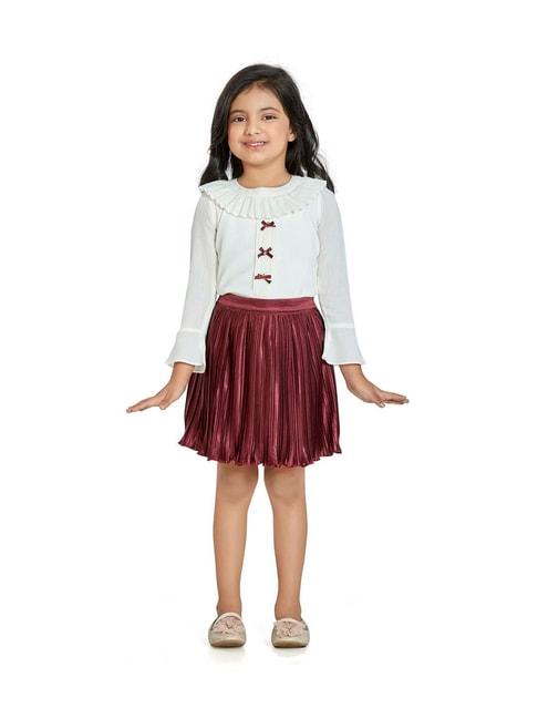 peppermint kids white & maroon flared fit full sleeves top set