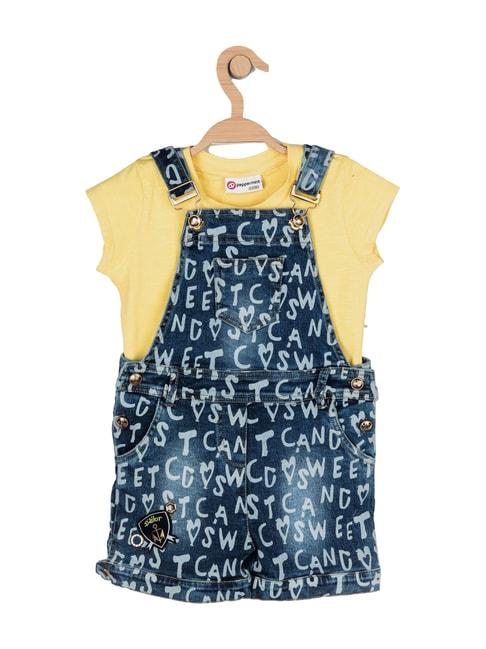 peppermint kids yellow cotton printed dungaree & t-shirt