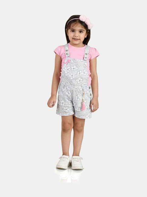 peppermint kids grey & pink printed dungaree set