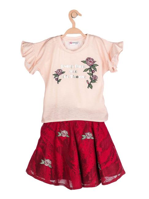 peppermint kids peach & maroon embroidered top with skirt