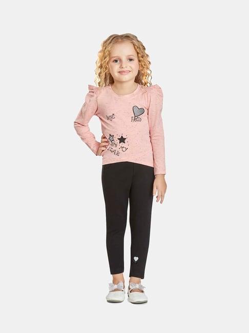 peppermint kids pink & black printed full sleeves top set