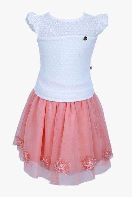 peppermint kids white & peach embroidered top with skirt