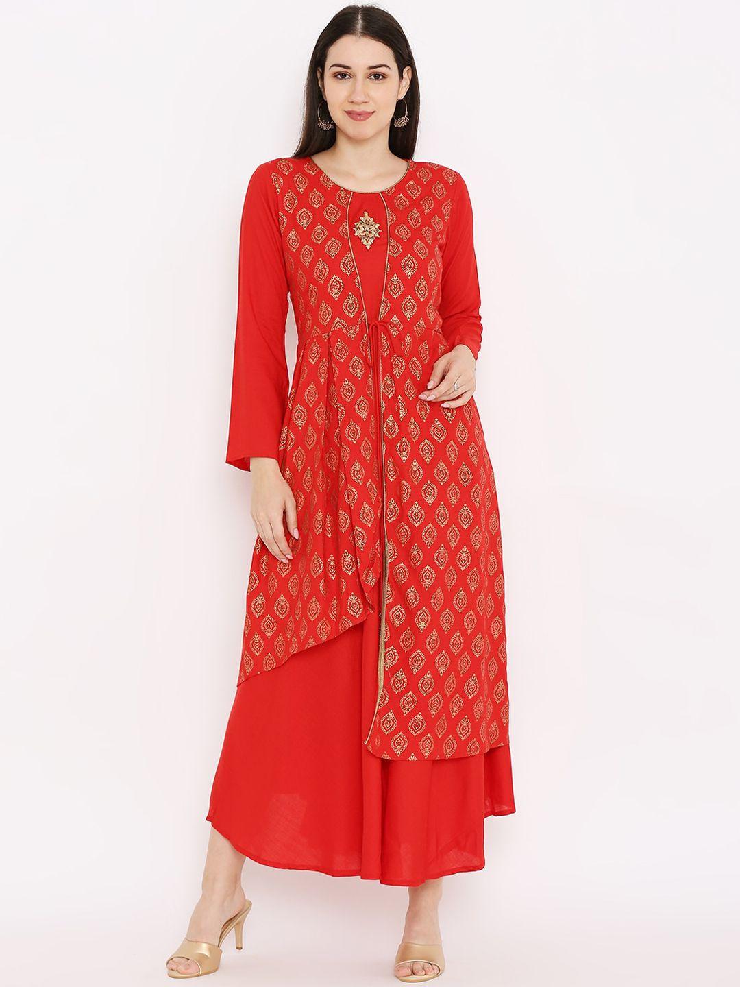 peppertree red & golden ethnic motifs layered ethnic midi dress
