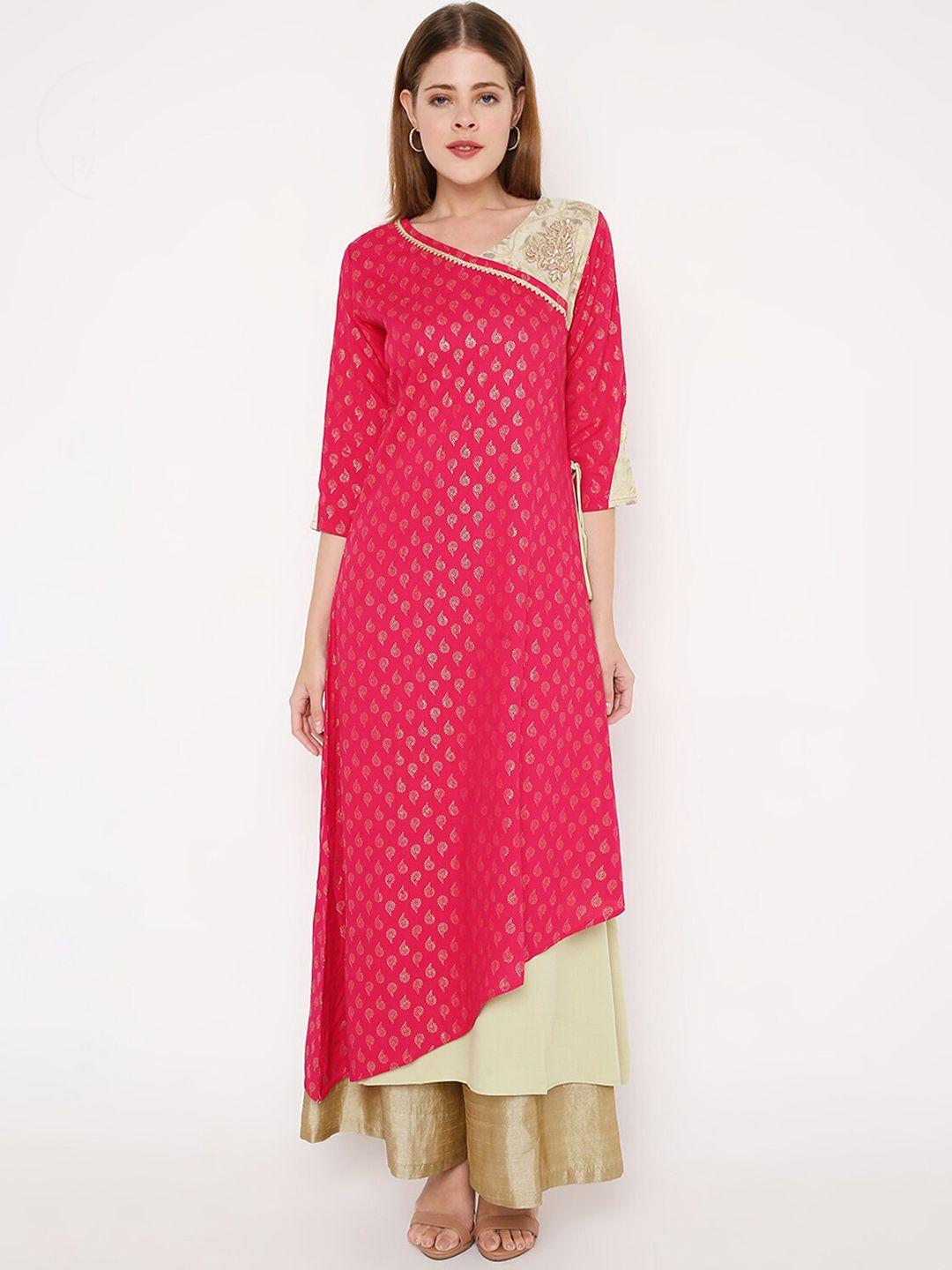 peppertree women pink & beige embroidered a-line maxi dress