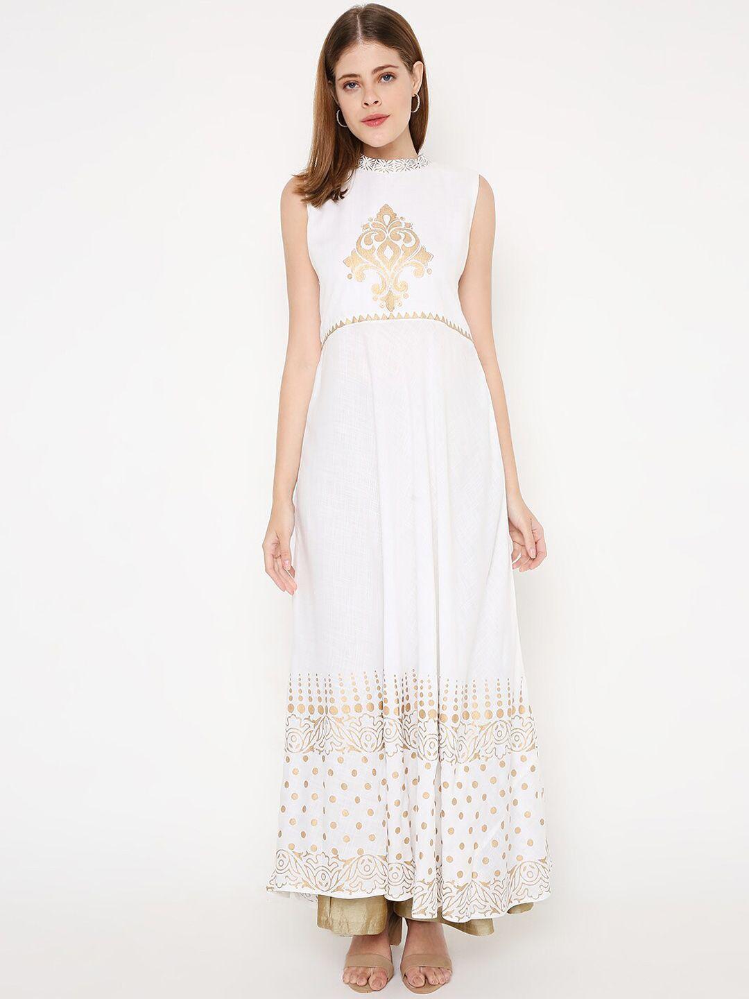 peppertree women white block printed a-line ethnic dresses