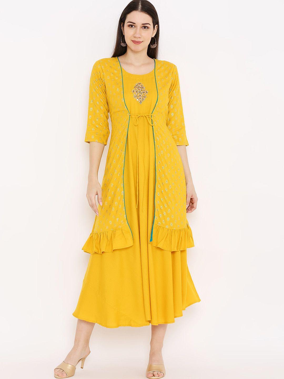peppertree yellow & golden ethnic motifs layered ethnic midi dress
