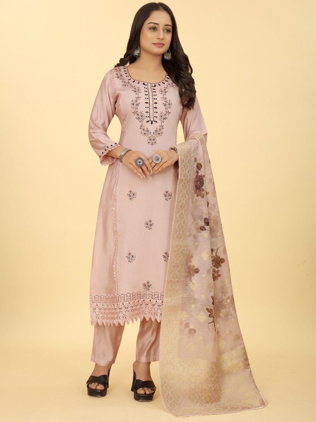 pepperylook floral embroidered mirror work straight kurta with trouser & dupatta