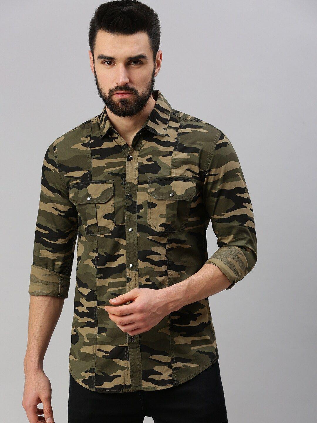 peppyzone camouflage printed spread collar standard cotton casual shirt