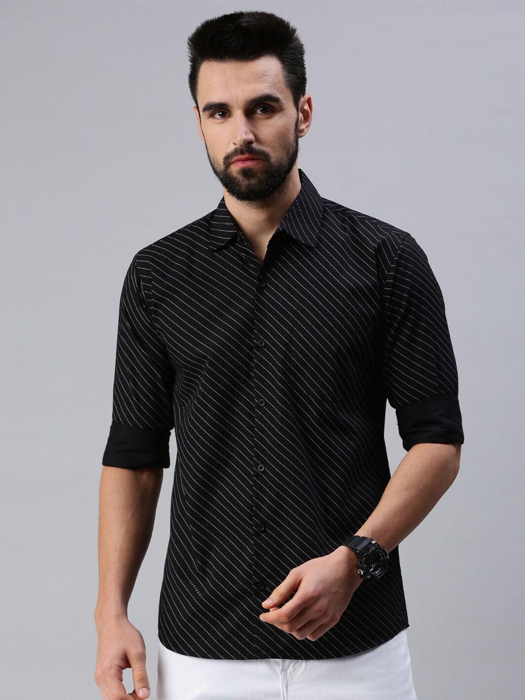 peppyzone men black standard regular fit pinstripes cotton casual shirt