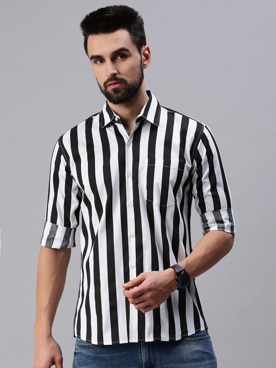 peppyzone men black striped cotton standard casual shirt