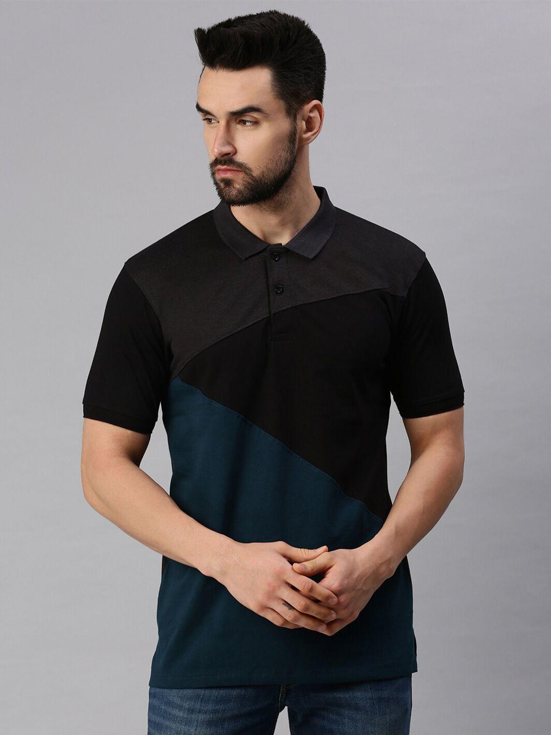 peppyzone men grey & black colourblocked polo collar cotton t-shirt