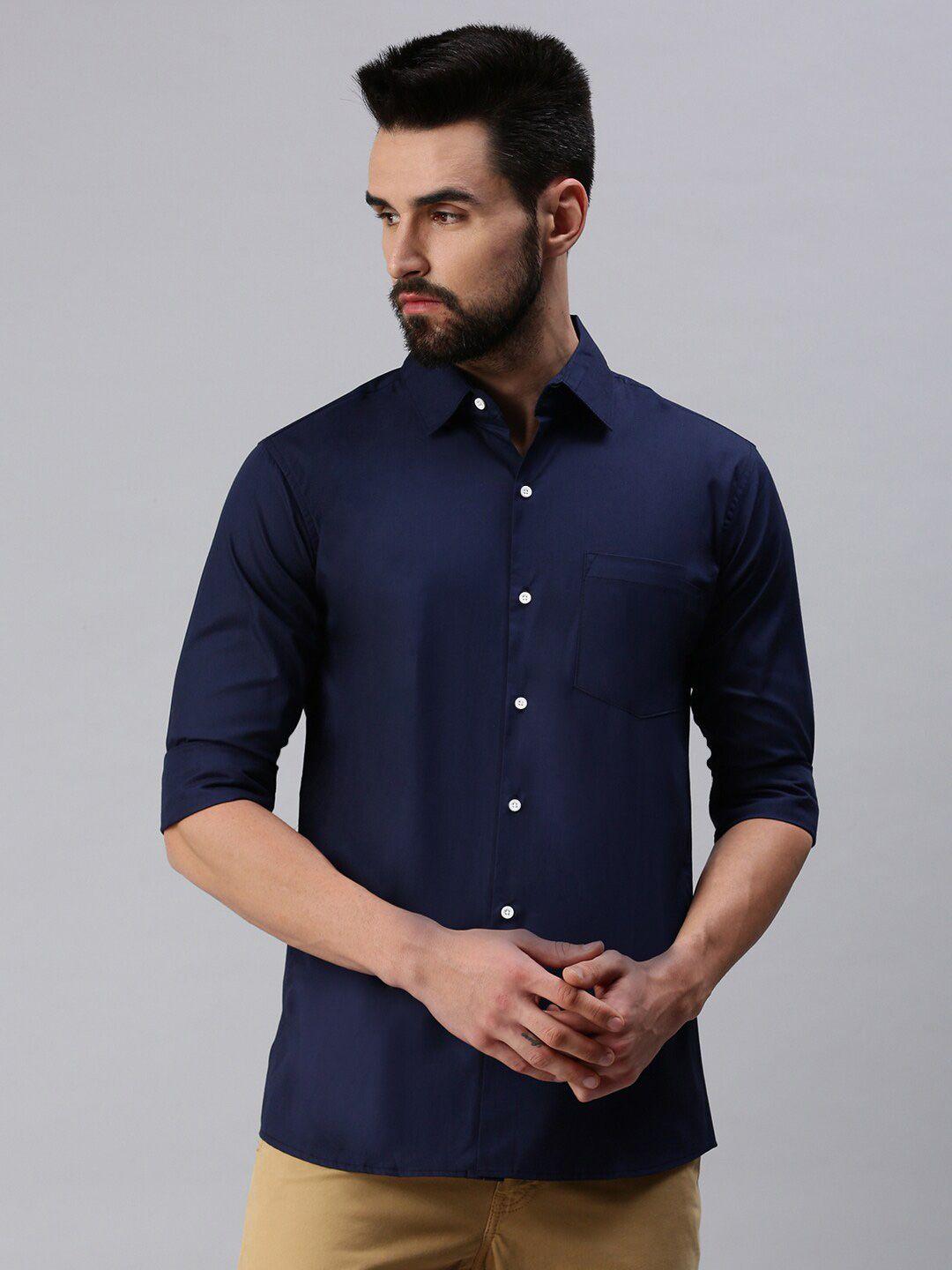 peppyzone men navy blue solid standard casual shirt