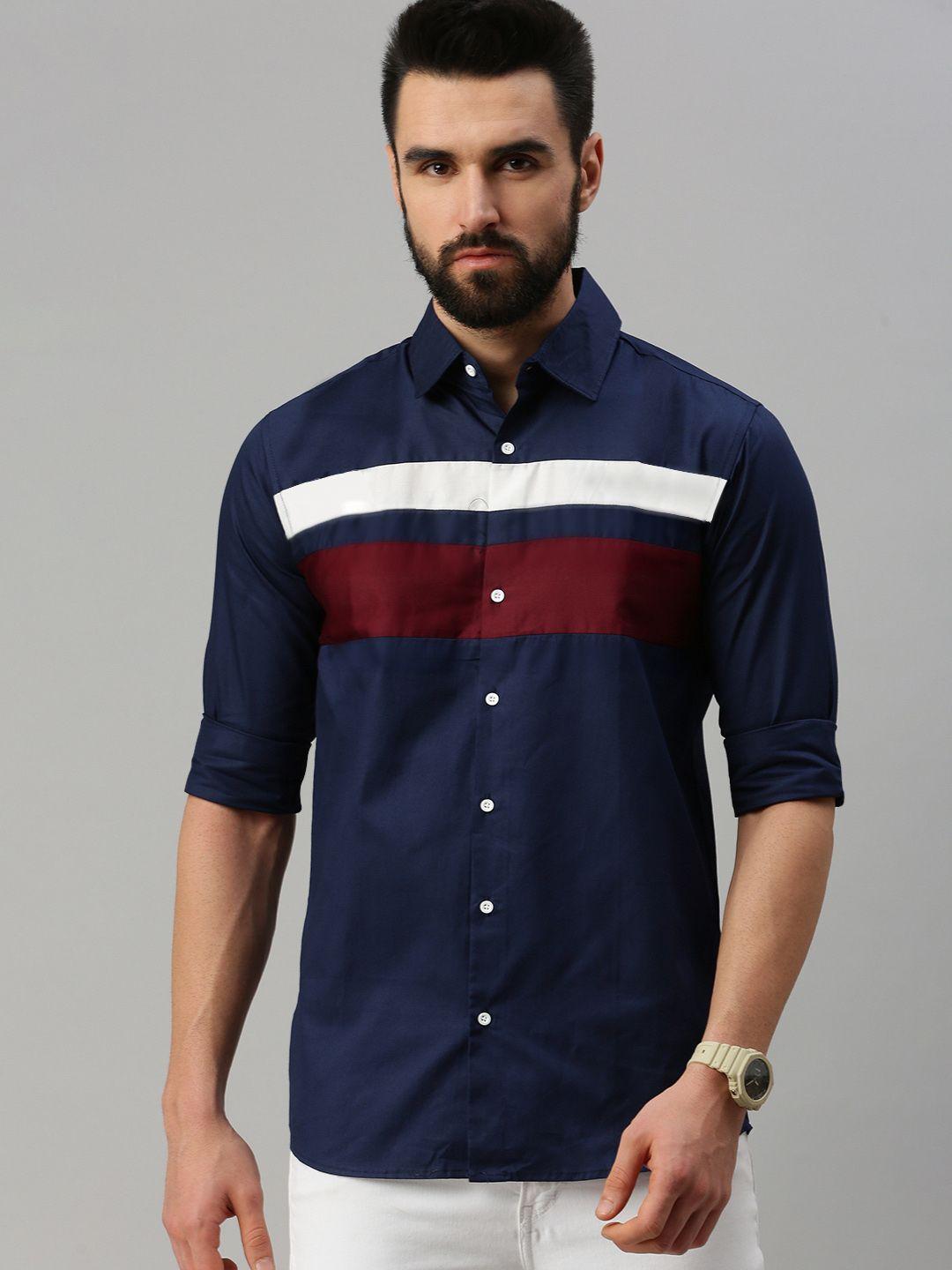 peppyzone men navy blue standard horizontal stripes striped casual shirt