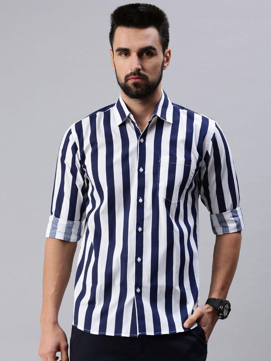 peppyzone men navy blue standard regular fit striped casual shirt