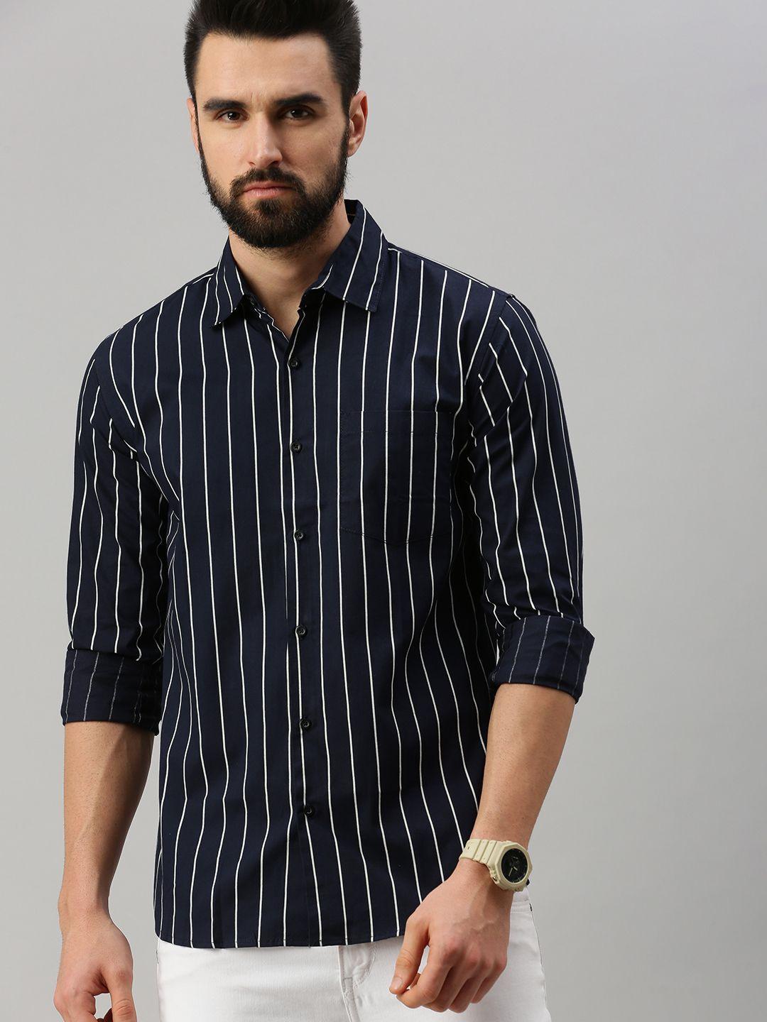 peppyzone men navy blue standard striped casual shirt