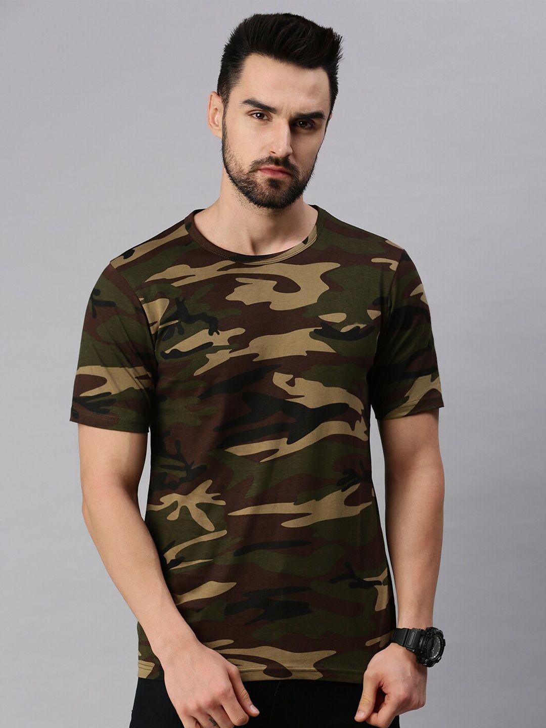 peppyzone men olive green & khaki camouflage printed cotton t-shirt