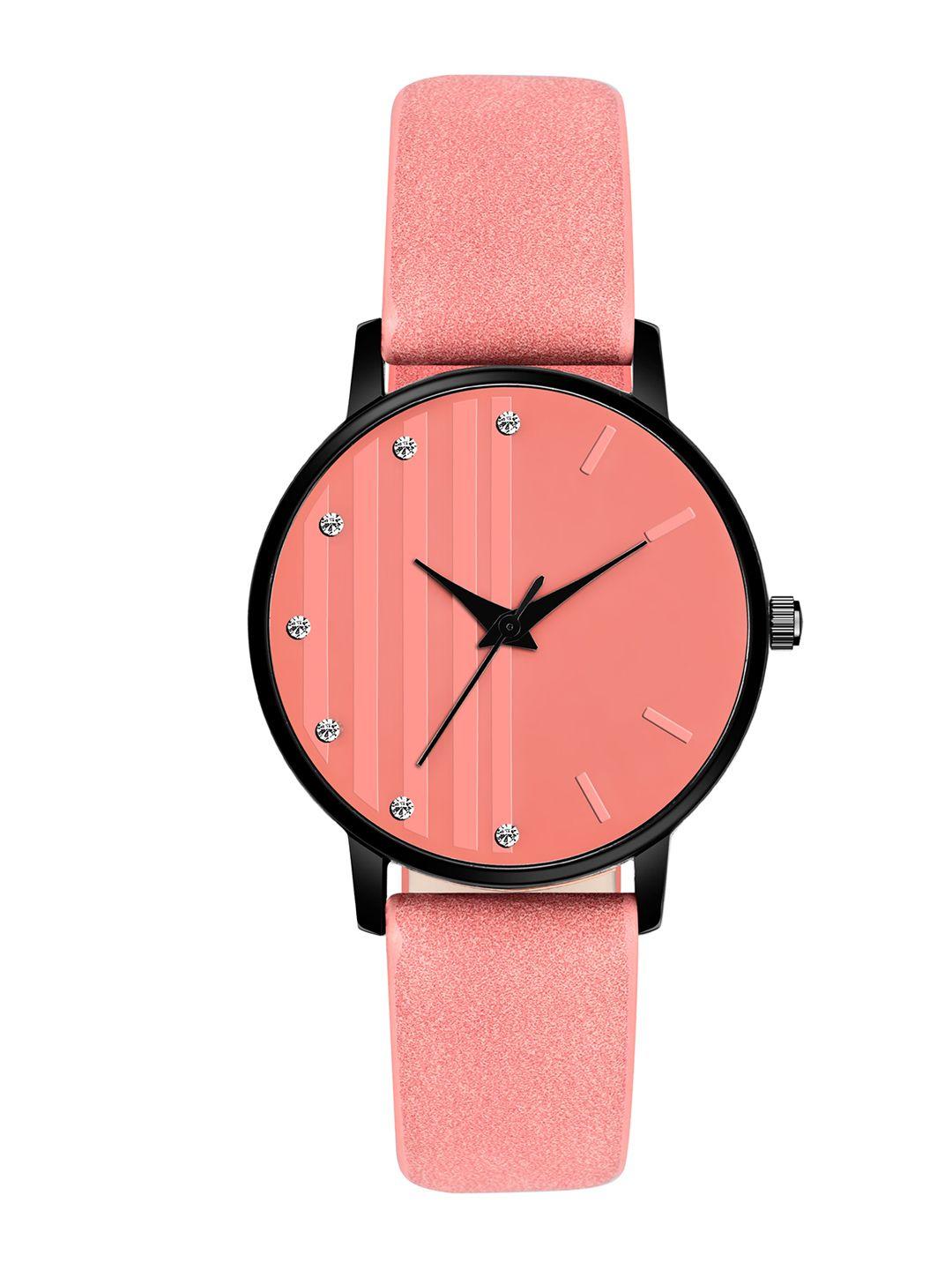 perclution enterprise women peach-coloured printed dial & leather straps analogue watch