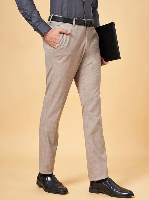 peregrine by pantaloons beige slim fit flat front trousers