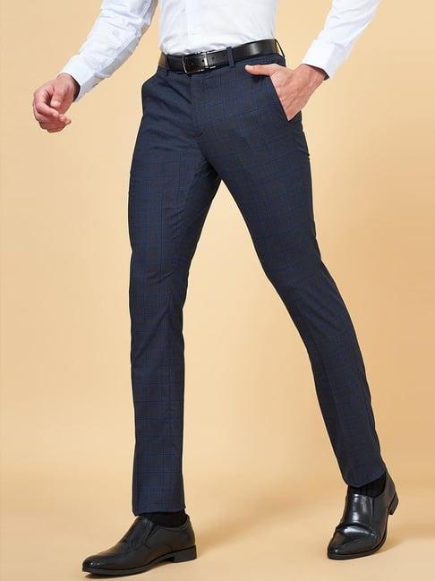 peregrine by pantaloons navy slim fit checks trousers