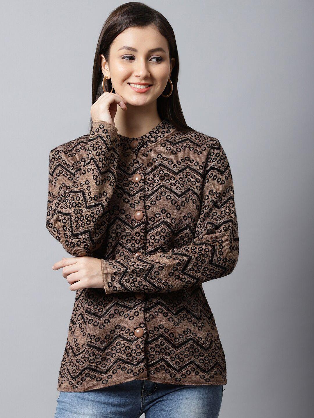 perfect line women brown & black cable knit printed cardigan