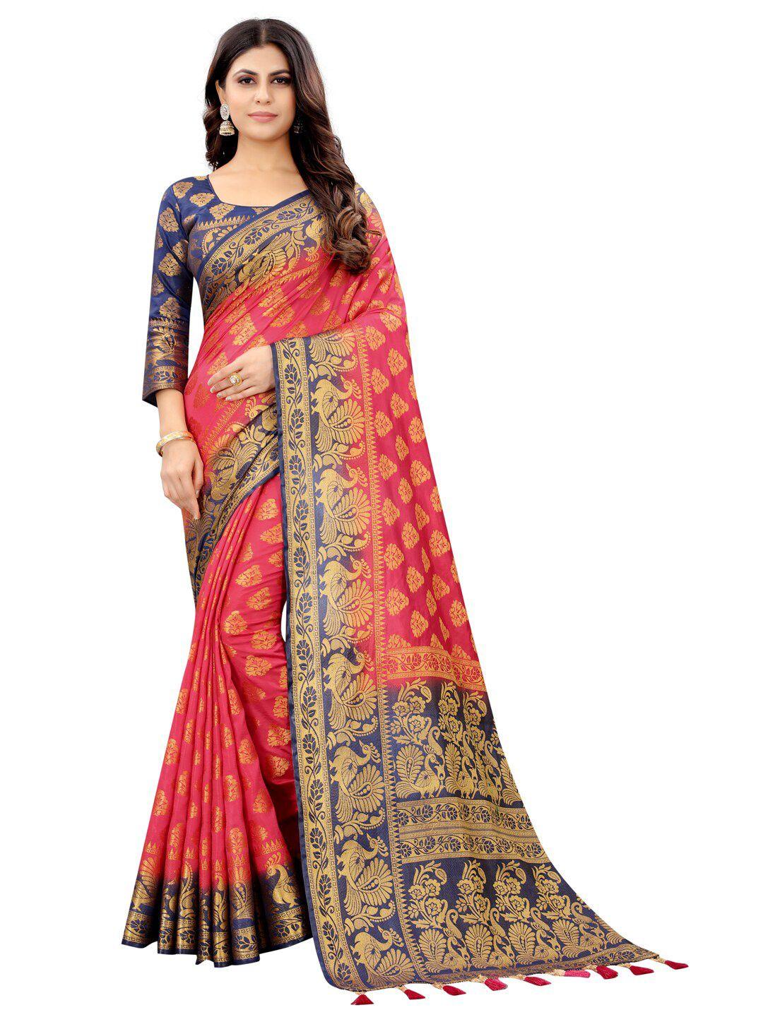 perfect wear magenta & navy blue ethnic motifs zari banarasi saree