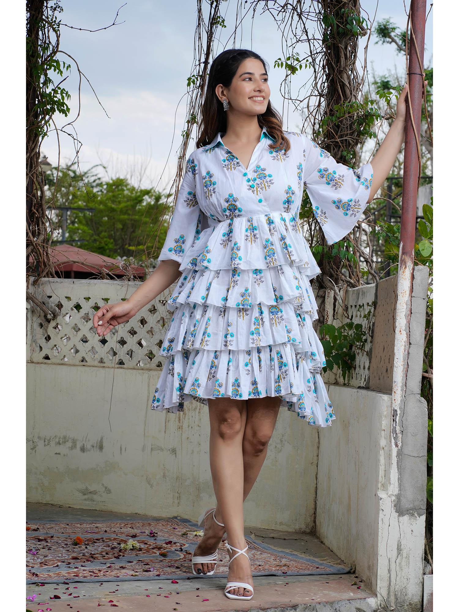 perfect white & turquoise blue mini layered shift dress