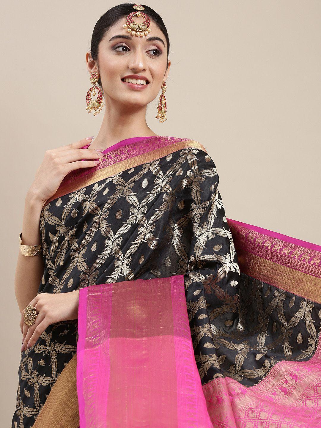 perfectblue black & golden ethnic motifs silk blend saree