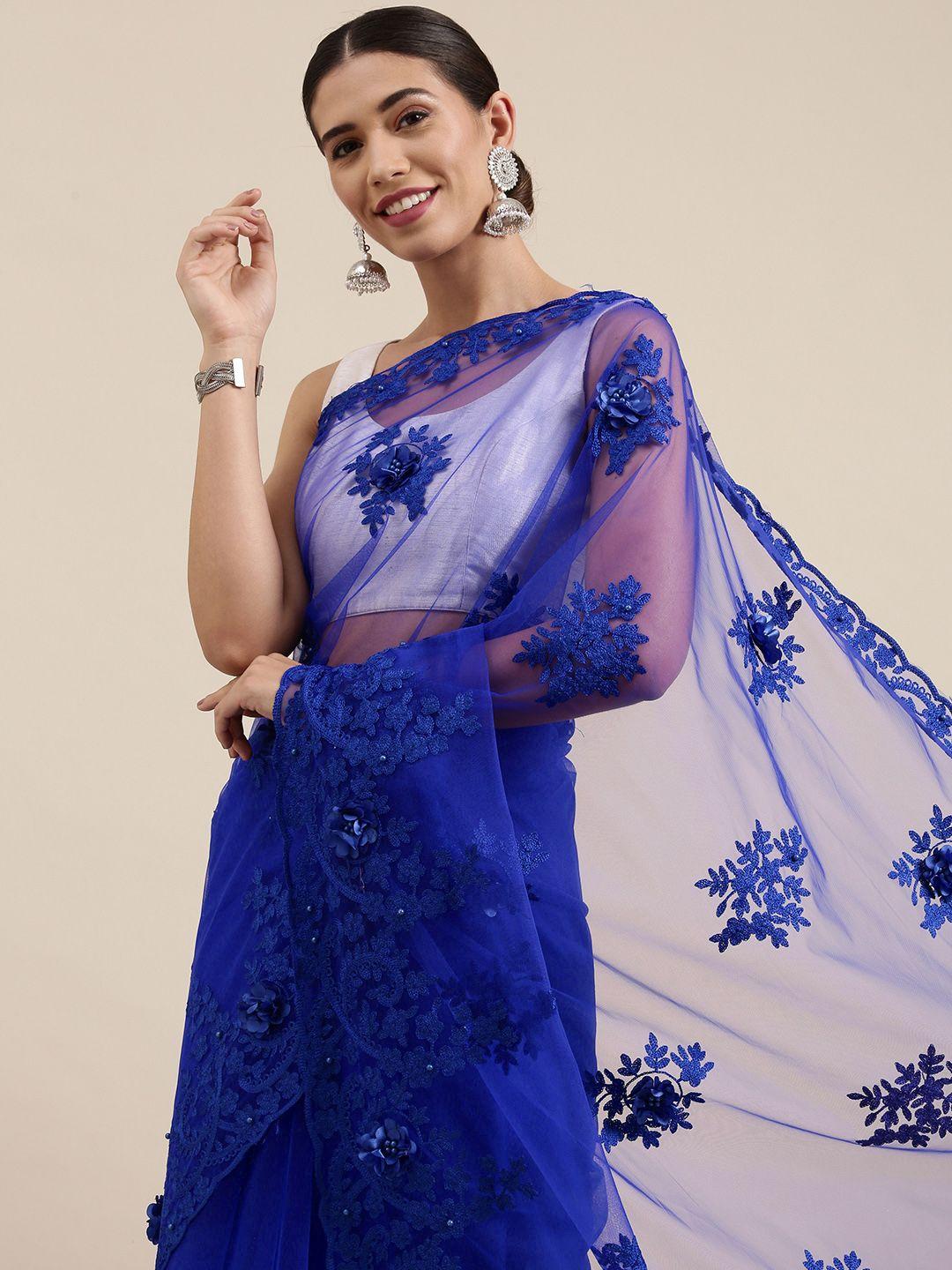 perfectblue blue floral embroidered net saree