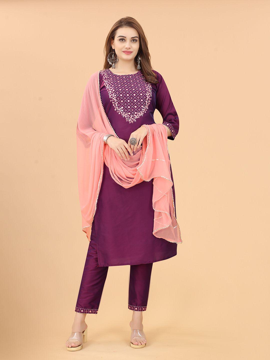 perfectblue embroidered mirror work kurta with trousers & with dupatta