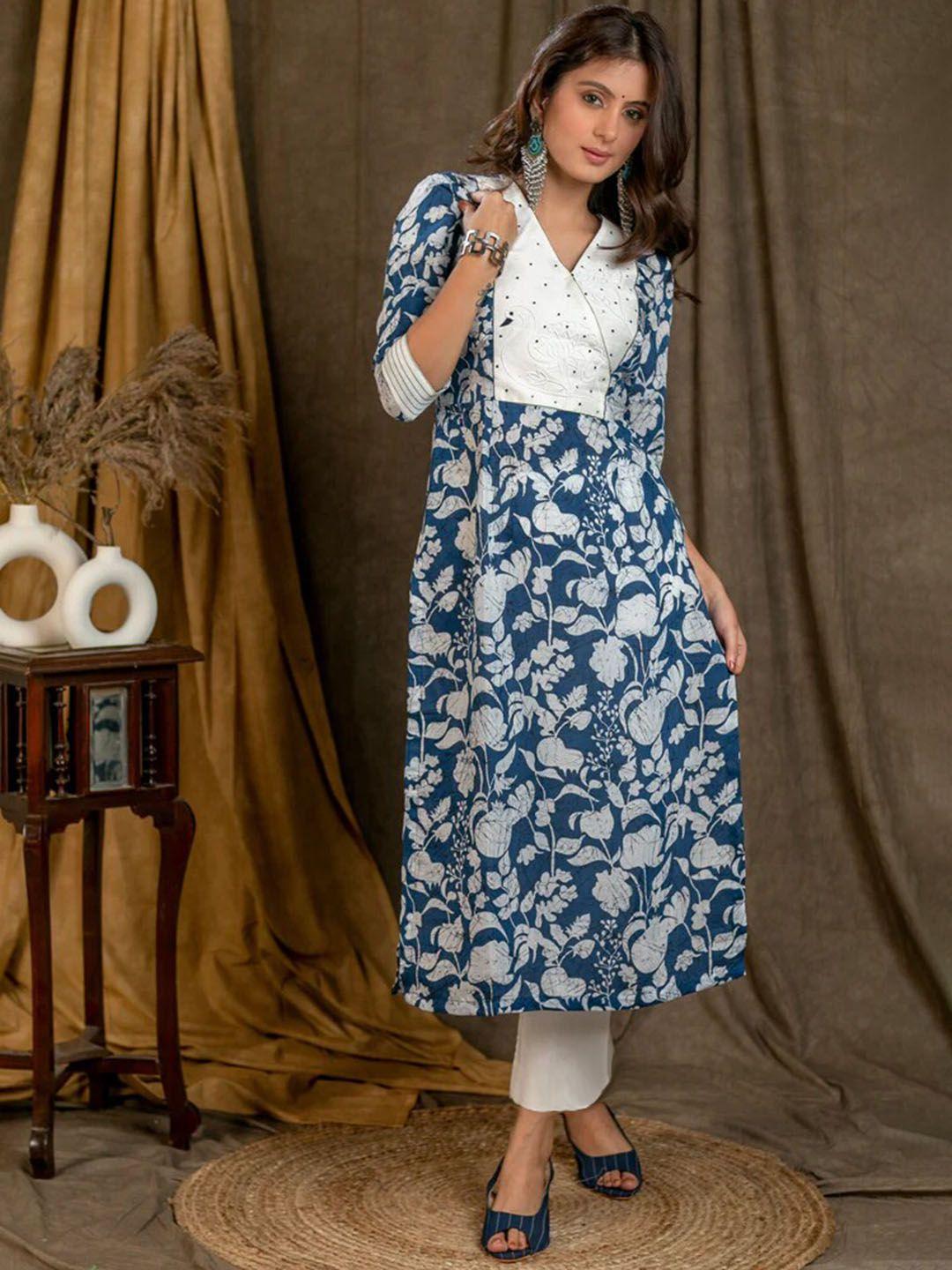 perfectblue floral printed thread work straight kurta with trousers