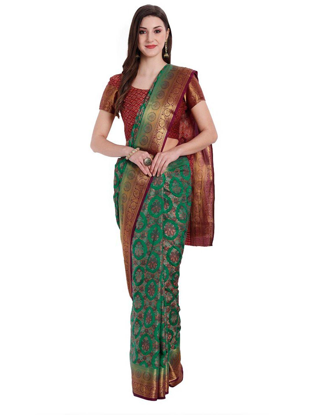 perfectblue green & burgundy ethnic motifs zari art silk kanjeevaram saree