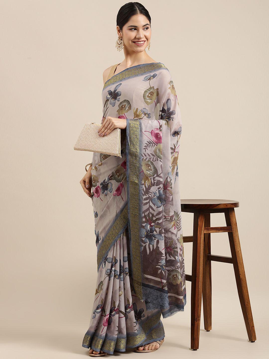 perfectblue grey & brown floral printed saree