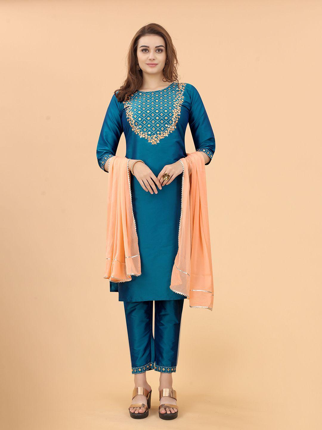 perfectblue women blue ethnic motifs yoke design regular kurti with palazzos