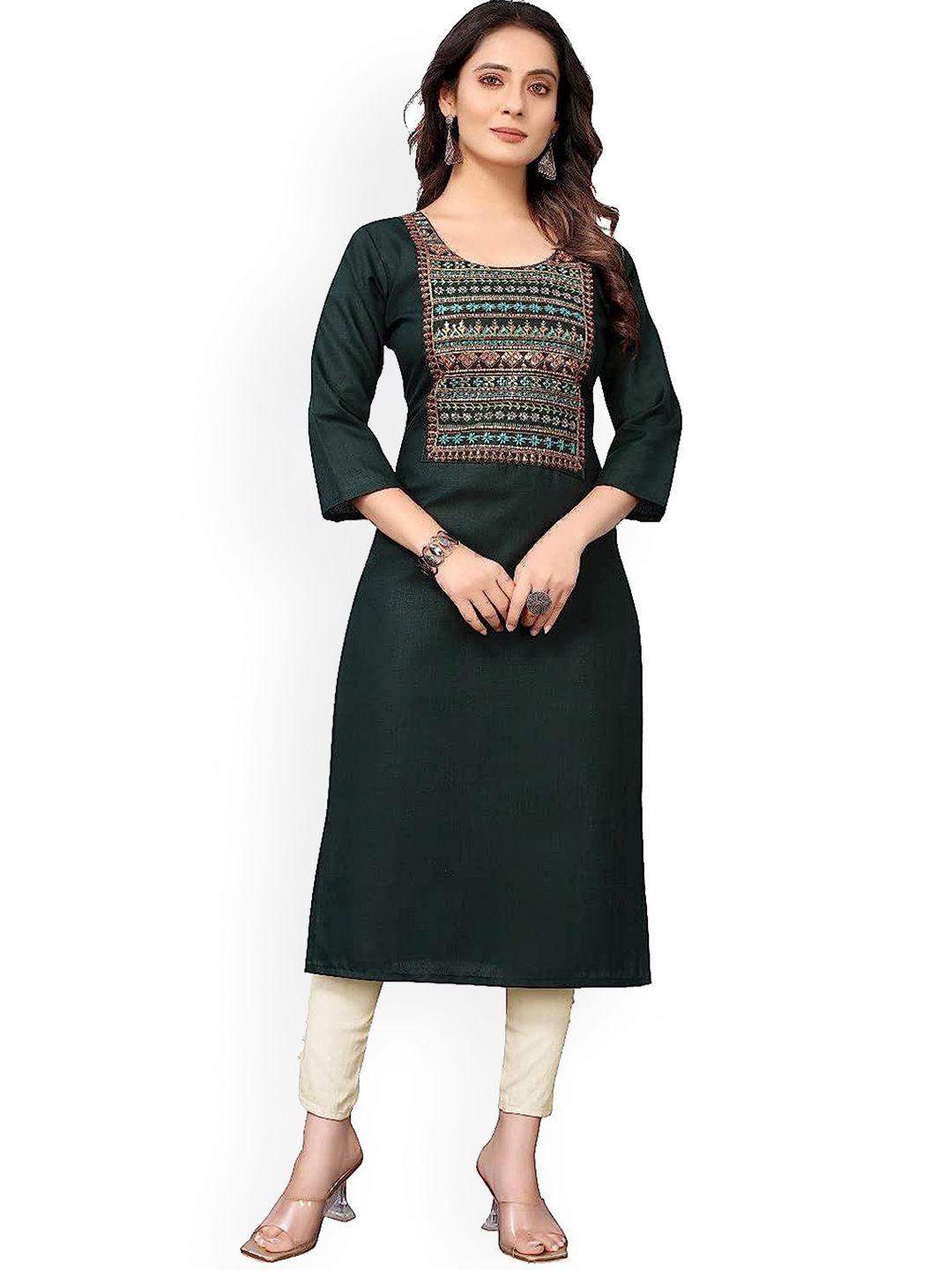 perfectblue women green ethnic motifs embroidered regular thread work kurta with trousers