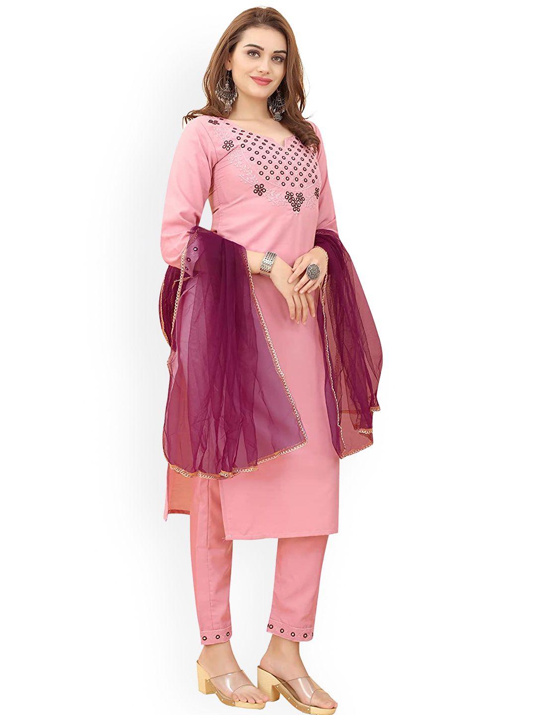 perfectblue women pink ethnic motifs yoke design regular thread work kurta with trousers