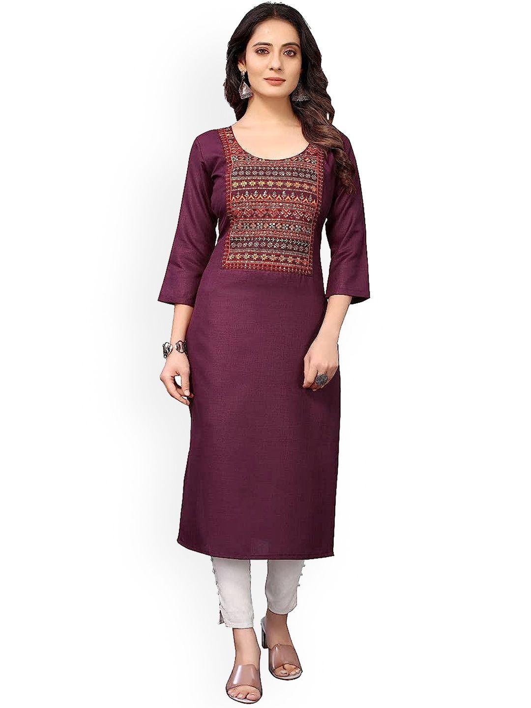 perfectblue women purple ethnic motifs embroidered regular thread work kurta with trousers